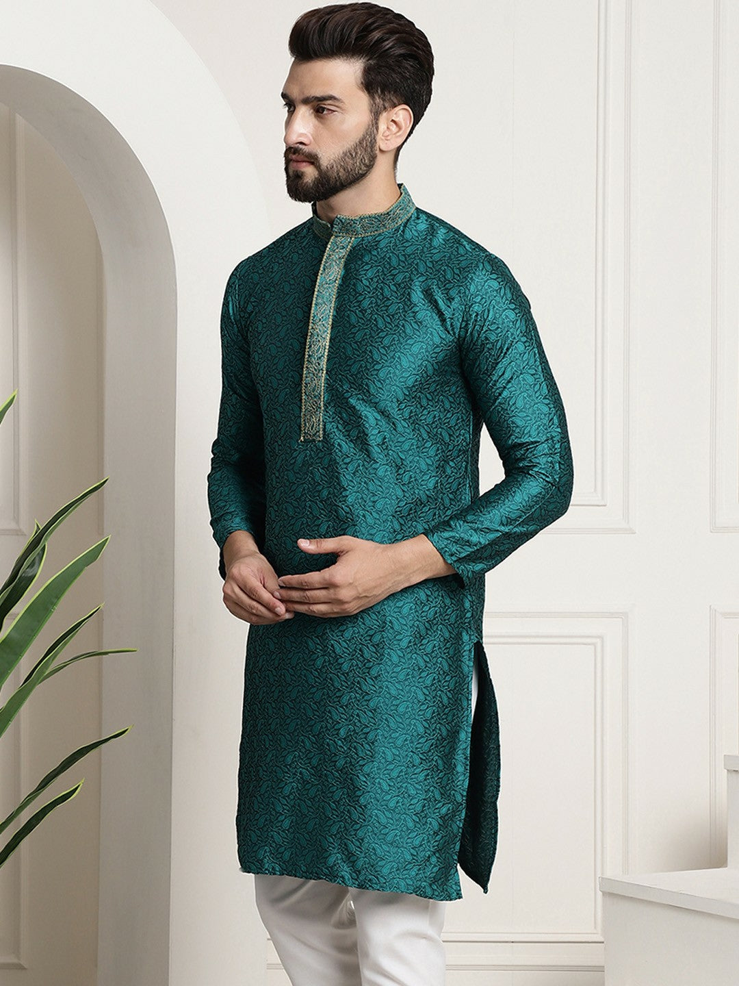 Men's Teal Green Embroidered Straight Kurta – Mandarin Collar, Long Sleeves, Traditional Ethnic Wear | Indiaista