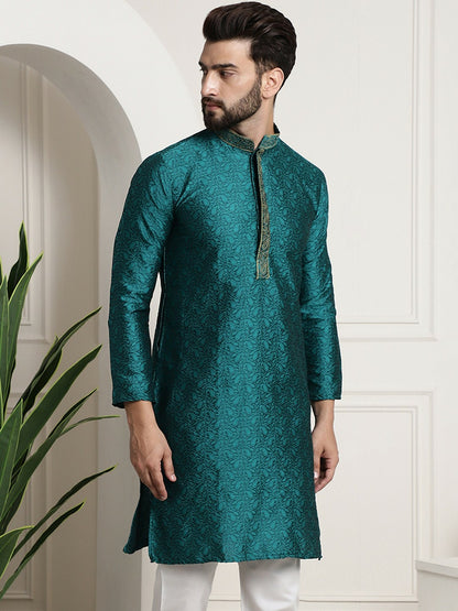 Men's Teal Green Embroidered Straight Kurta – Mandarin Collar, Long Sleeves, Traditional Ethnic Wear | Indiaista