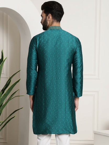 Men's Teal Green Embroidered Straight Kurta – Mandarin Collar, Long Sleeves, Traditional Ethnic Wear | Indiaista