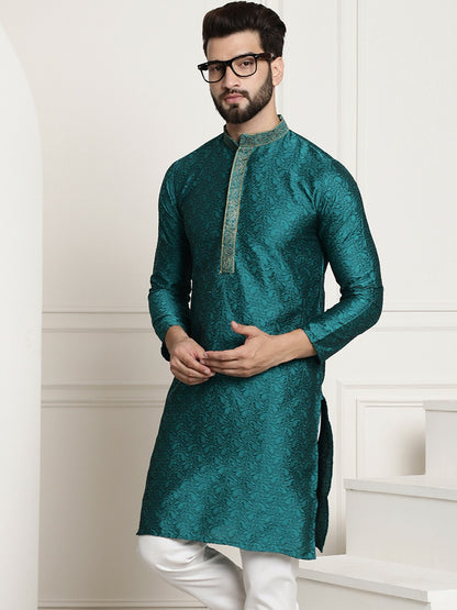 Men's Teal Green Embroidered Straight Kurta – Mandarin Collar, Long Sleeves, Traditional Ethnic Wear | Indiaista