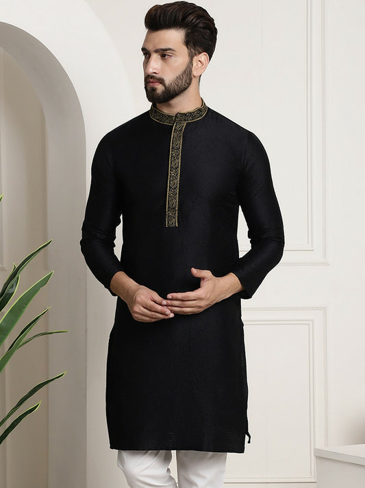 Men's Black Solid Straight Kurta – Mandarin Collar, Long Sleeves, Side Slits | Indiaista