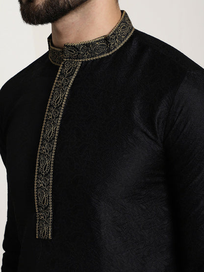 Men's Black Solid Straight Kurta – Mandarin Collar, Long Sleeves, Side Slits | Indiaista