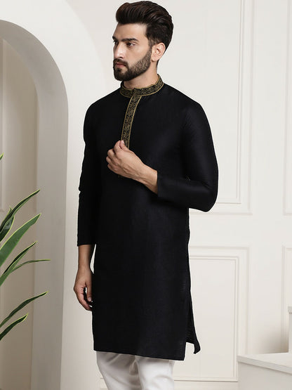 Men's Black Solid Straight Kurta – Mandarin Collar, Long Sleeves, Side Slits | Indiaista