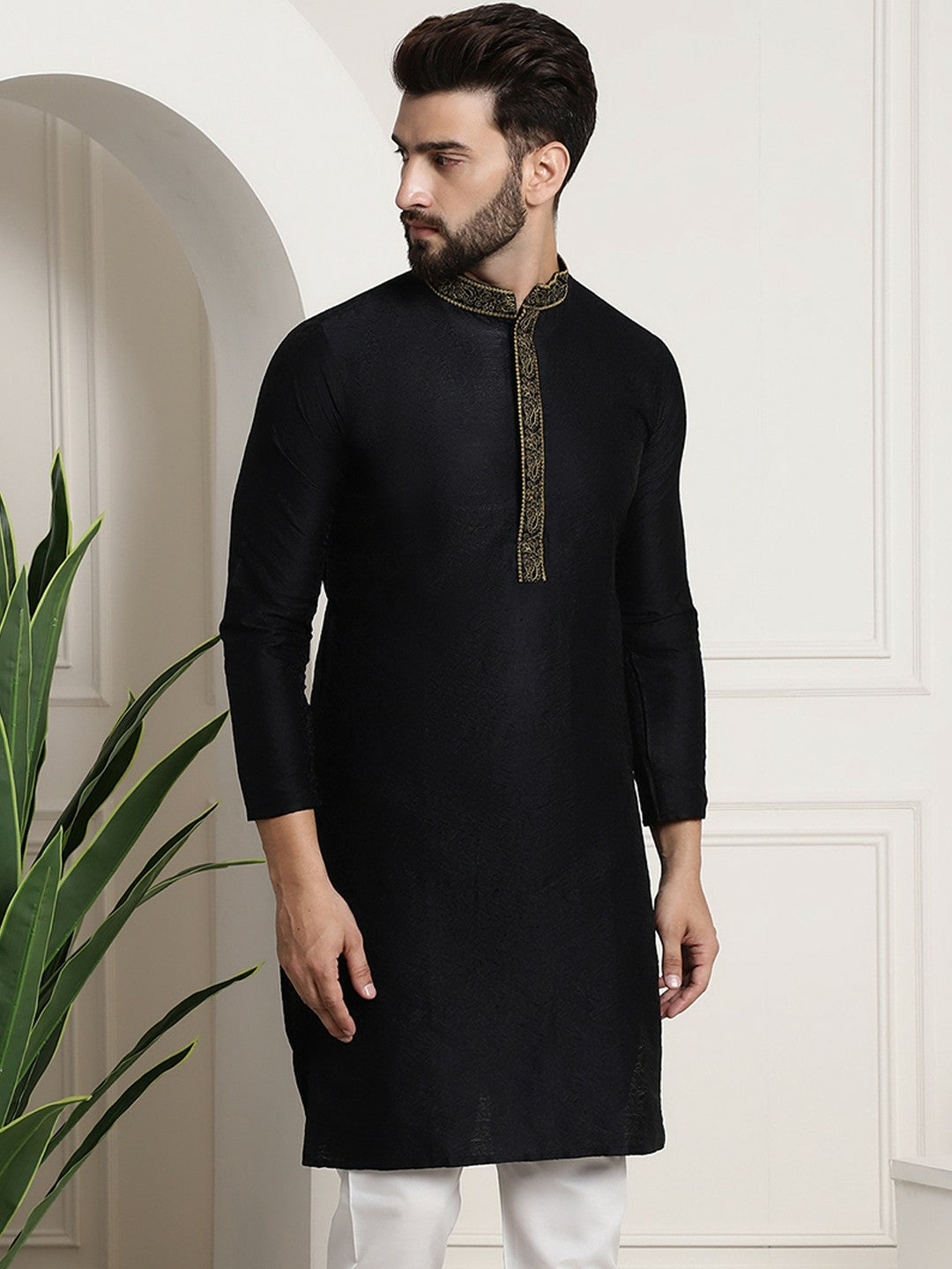 Men's Black Solid Straight Kurta – Mandarin Collar, Long Sleeves, Side Slits | Indiaista