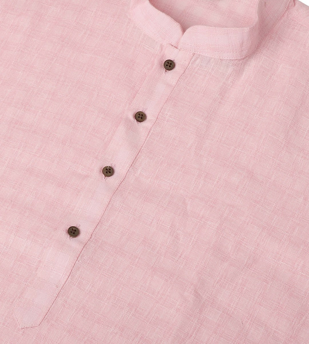 Men's Pink Dobby Cotton Kurta – Mandarin Collar, Woven Design, Knee-Length | Indiaista