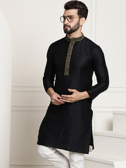 Men's Black Solid Straight Kurta – Mandarin Collar, Long Sleeves, Side Slits | Indiaista