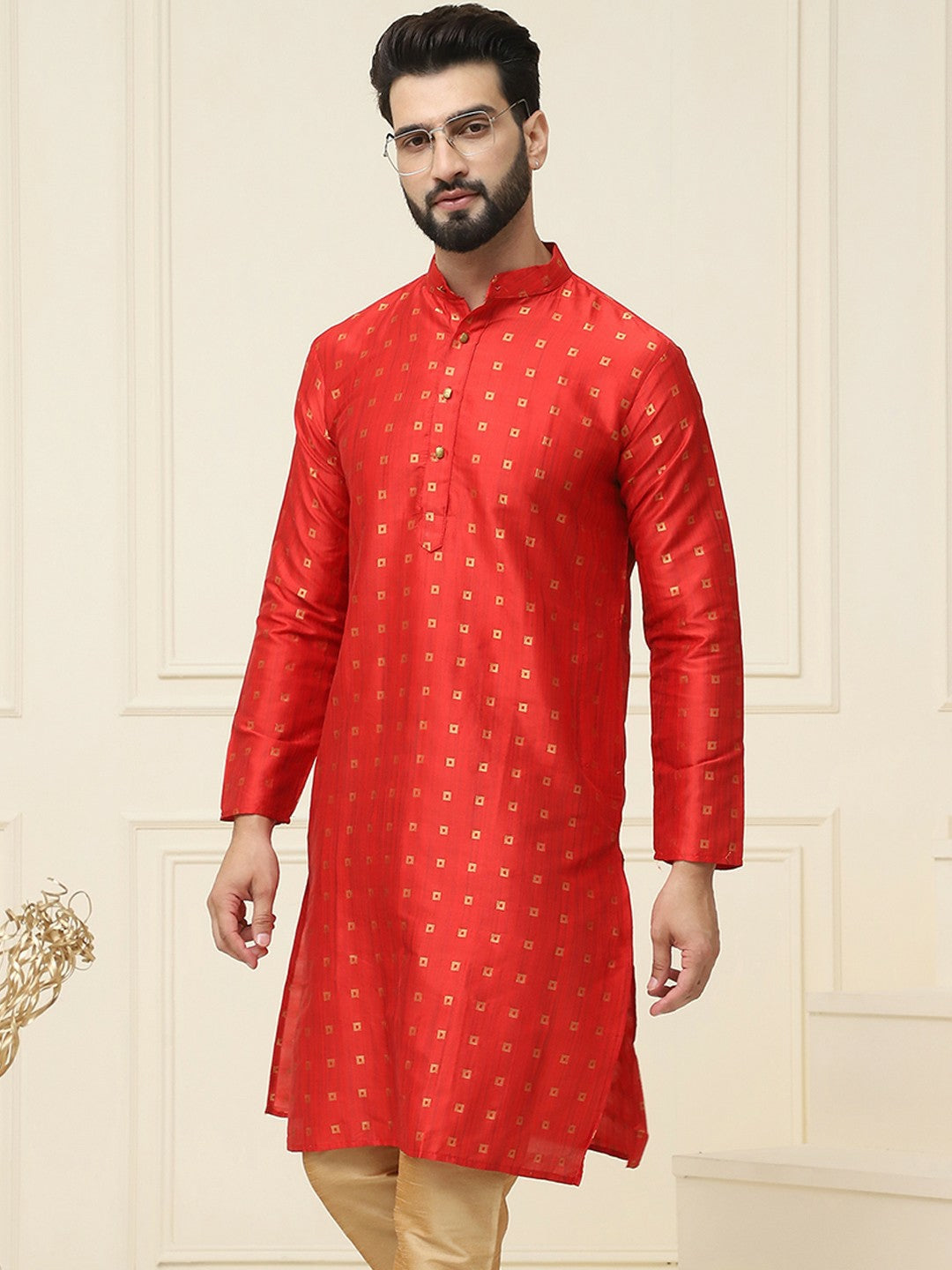 Men’s Red & Golden Woven Jacquard Silk Kurta – Mandarin Collar, Knee Length | Indiaista