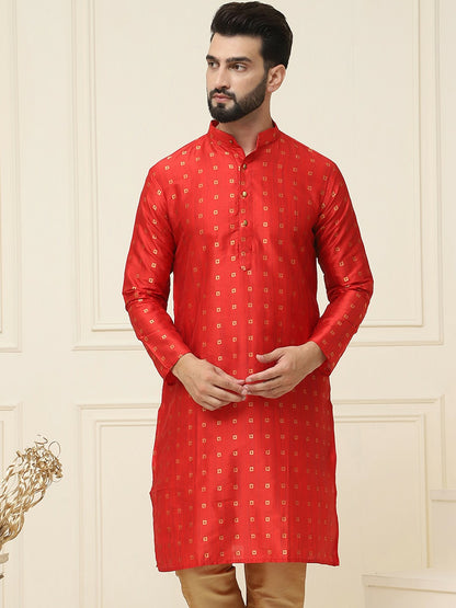 Men’s Red & Golden Woven Jacquard Silk Kurta – Mandarin Collar, Knee Length | Indiaista