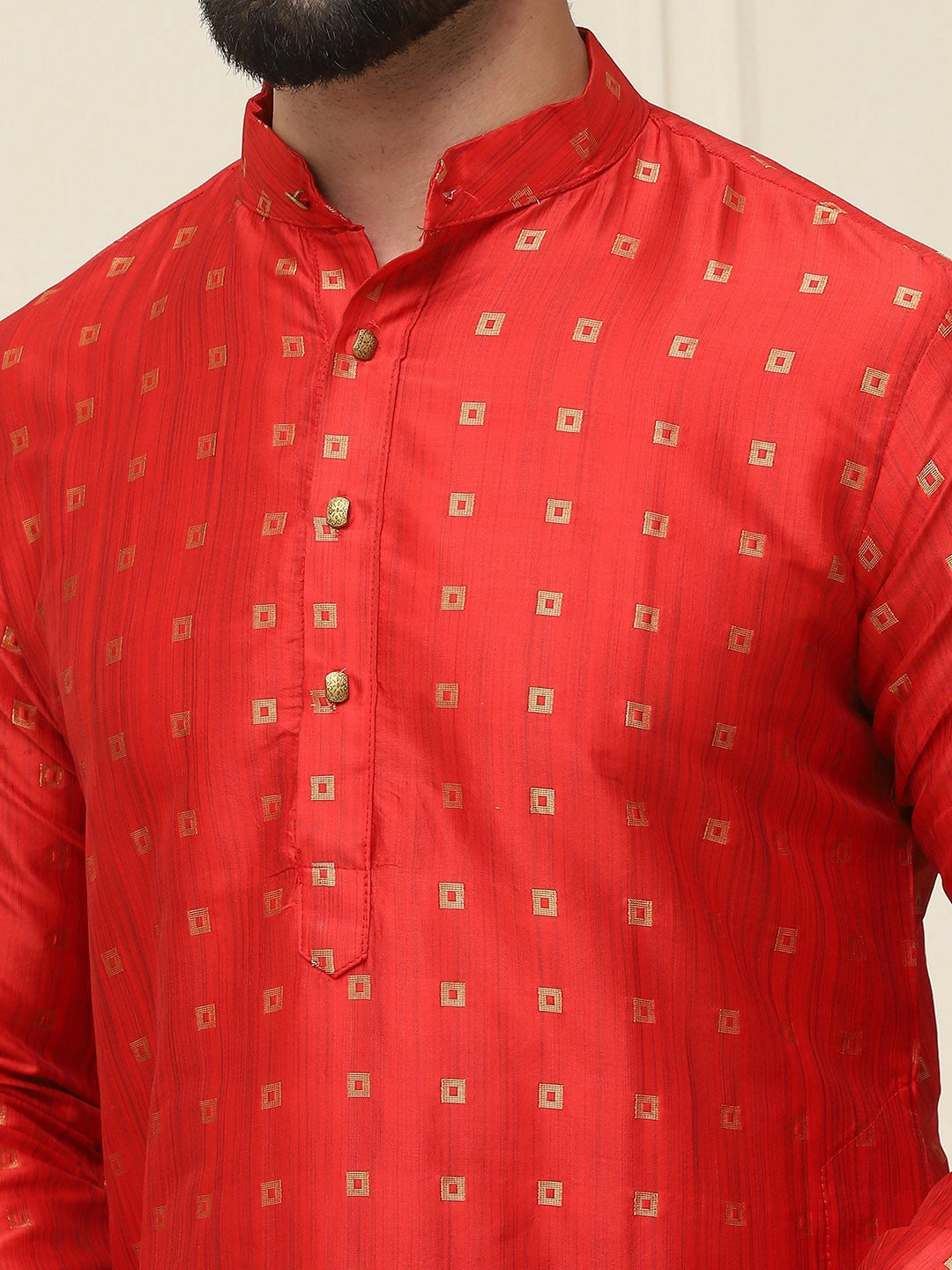 Men’s Red & Golden Woven Jacquard Silk Kurta – Mandarin Collar, Knee Length | Indiaista