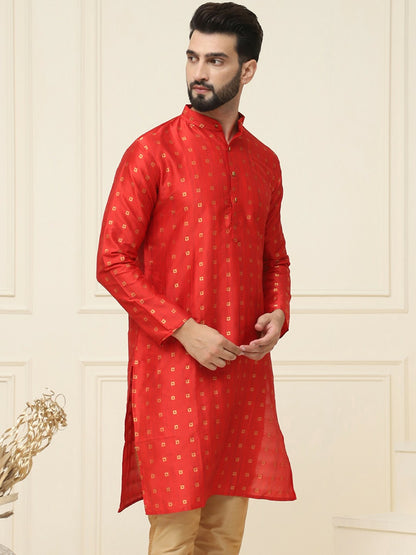 Men’s Red & Golden Woven Jacquard Silk Kurta – Mandarin Collar, Knee Length | Indiaista