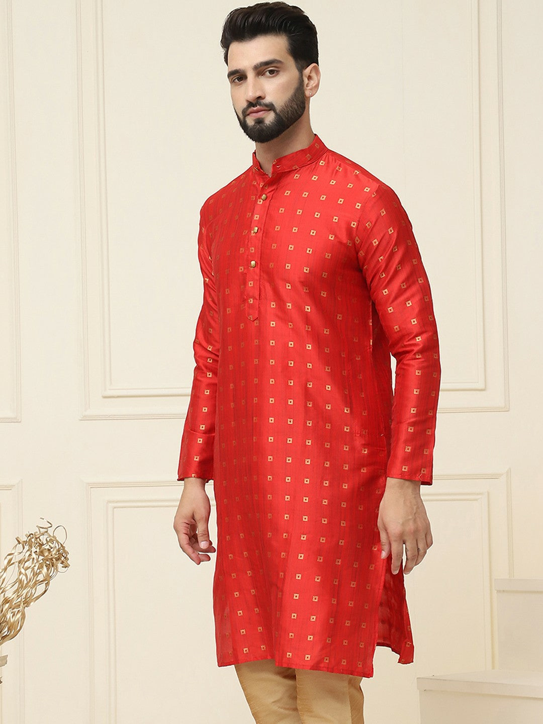 Men’s Red & Golden Woven Jacquard Silk Kurta – Mandarin Collar, Knee Length | Indiaista