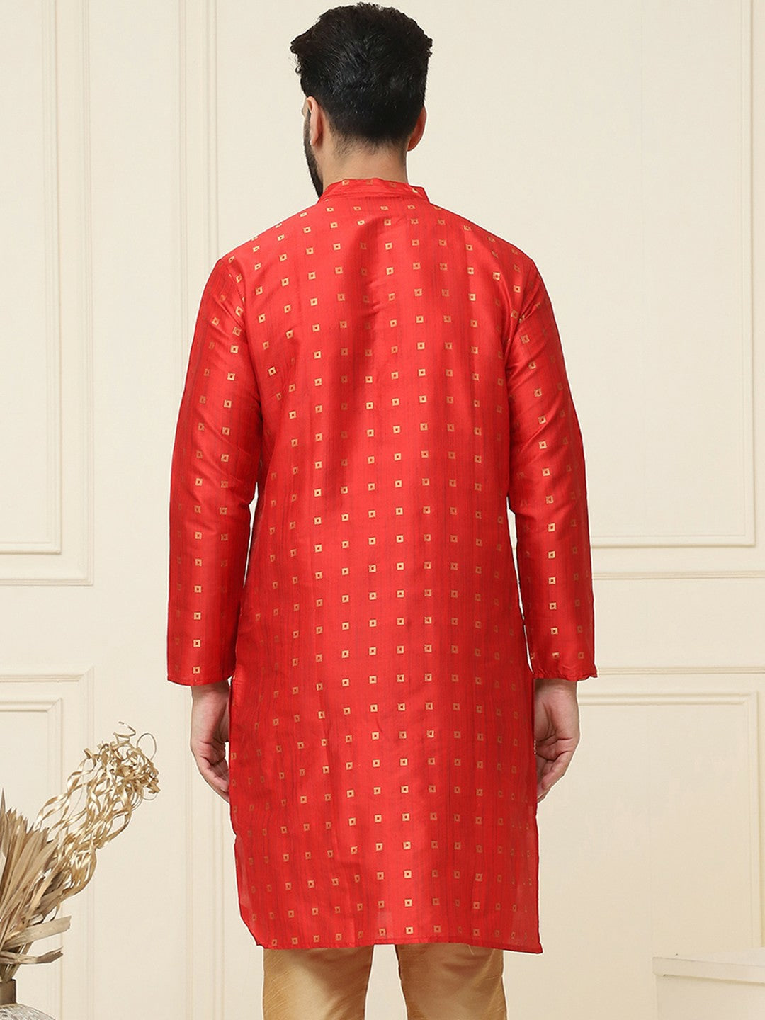 Men’s Red & Golden Woven Jacquard Silk Kurta – Mandarin Collar, Knee Length | Indiaista