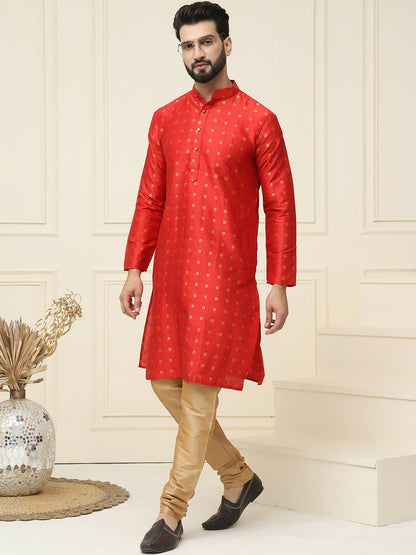 Men’s Red & Golden Woven Jacquard Silk Kurta – Mandarin Collar, Knee Length | Indiaista