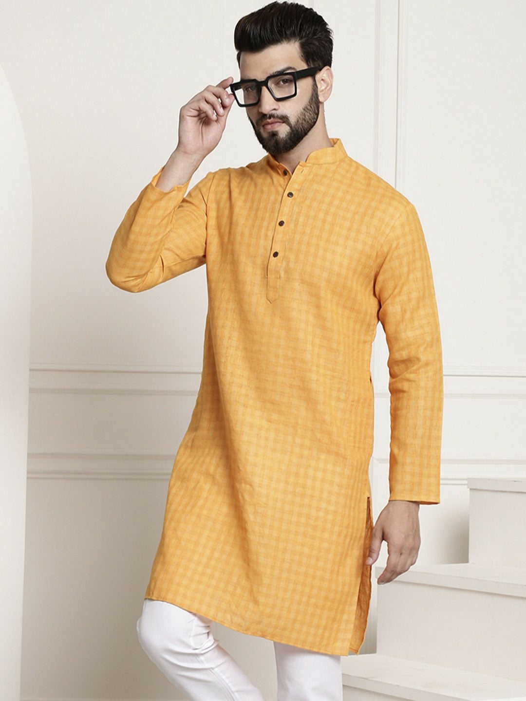 Men's Mustard Yellow Checked Dobby Kurta – Mandarin Collar, Knee-Length, Cotton for Weddings & Festivals | Indiaista