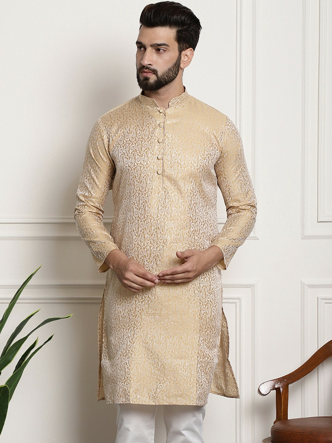 Men's Gold-Toned Printed Straight Kurta – Mandarin Collar, Long Sleeves, Side Slits | Indiaista