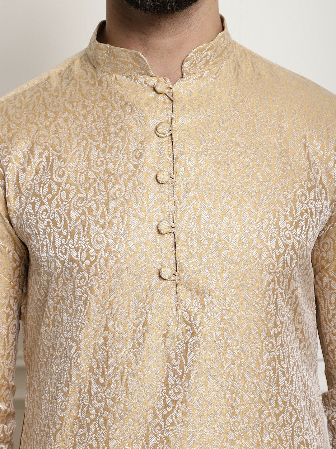 Men's Gold-Toned Printed Straight Kurta – Mandarin Collar, Long Sleeves, Side Slits | Indiaista