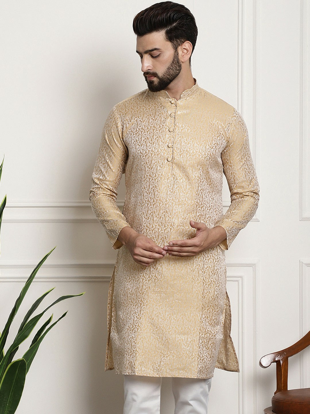 Men's Gold-Toned Printed Straight Kurta – Mandarin Collar, Long Sleeves, Side Slits | Indiaista