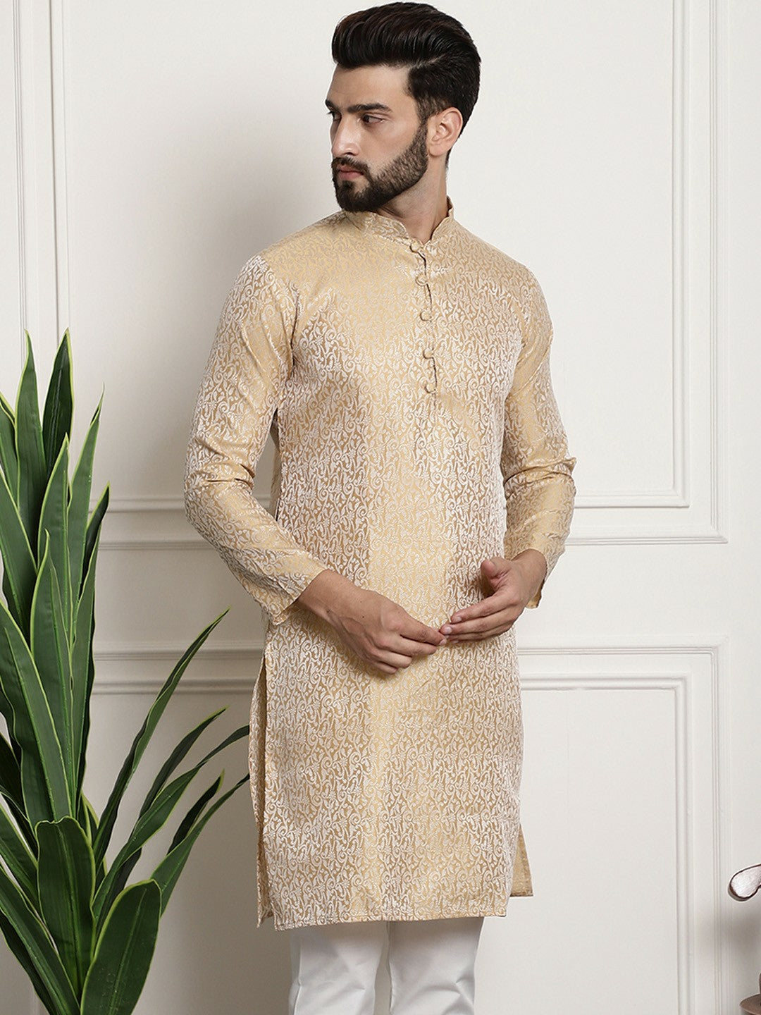 Men's Gold-Toned Printed Straight Kurta – Mandarin Collar, Long Sleeves, Side Slits | Indiaista