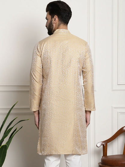 Men's Gold-Toned Printed Straight Kurta – Mandarin Collar, Long Sleeves, Side Slits | Indiaista