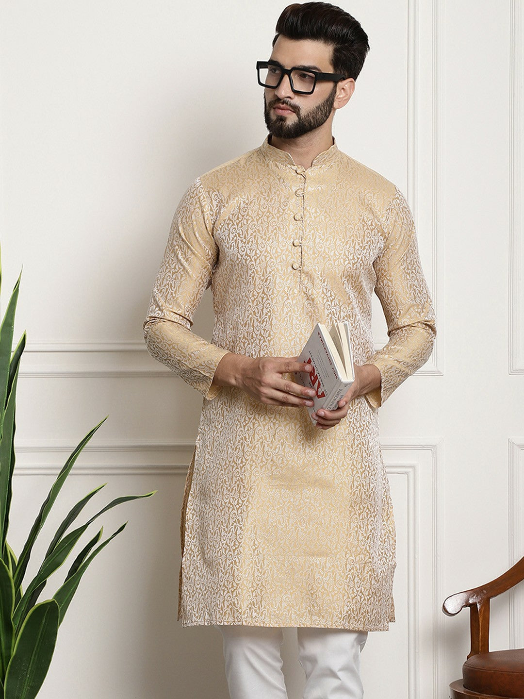 Men's Gold-Toned Printed Straight Kurta – Mandarin Collar, Long Sleeves, Side Slits | Indiaista