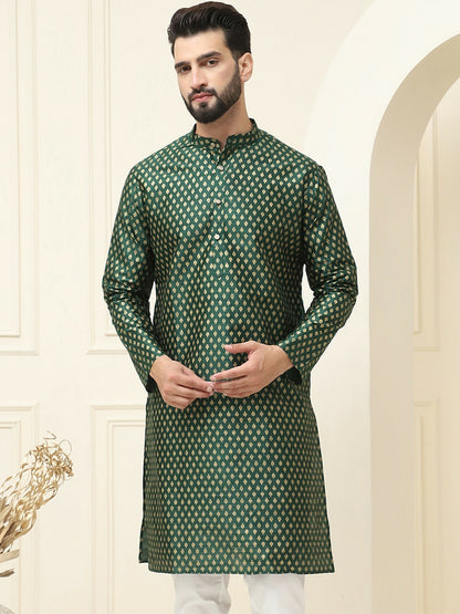 Men's Green Woven Design Kurta – Mandarin Collar, Silk Cotton, Thread Work | Indiaista