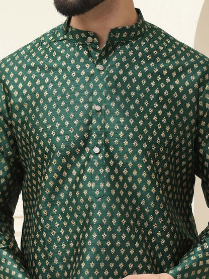 Men's Green Woven Design Kurta – Mandarin Collar, Silk Cotton, Thread Work | Indiaista