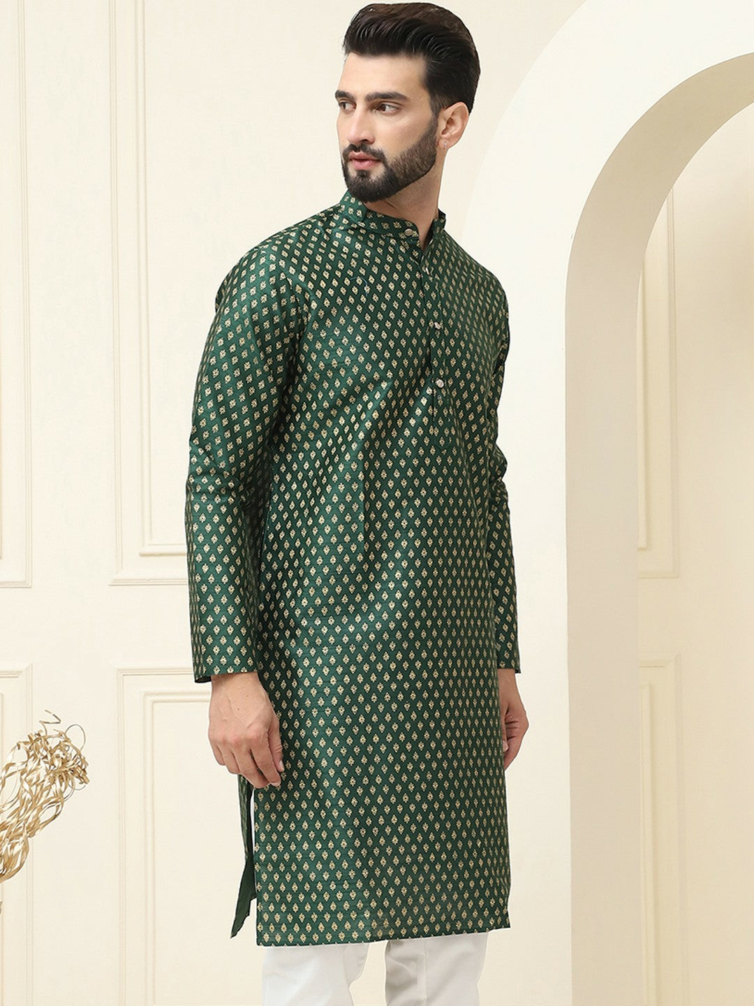 Men's Green Woven Design Kurta – Mandarin Collar, Silk Cotton, Thread Work | Indiaista