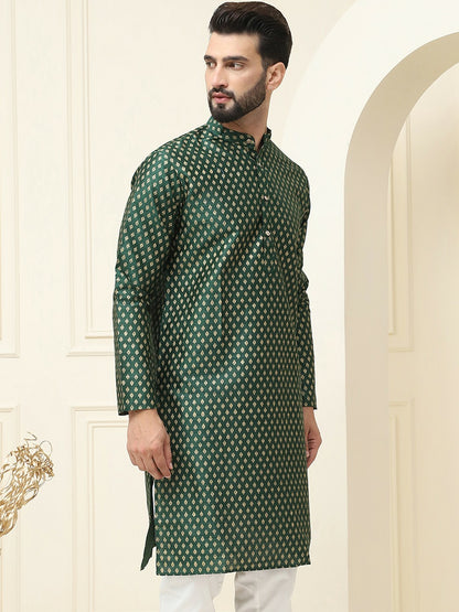 Men's Green Woven Design Kurta – Mandarin Collar, Silk Cotton, Thread Work | Indiaista