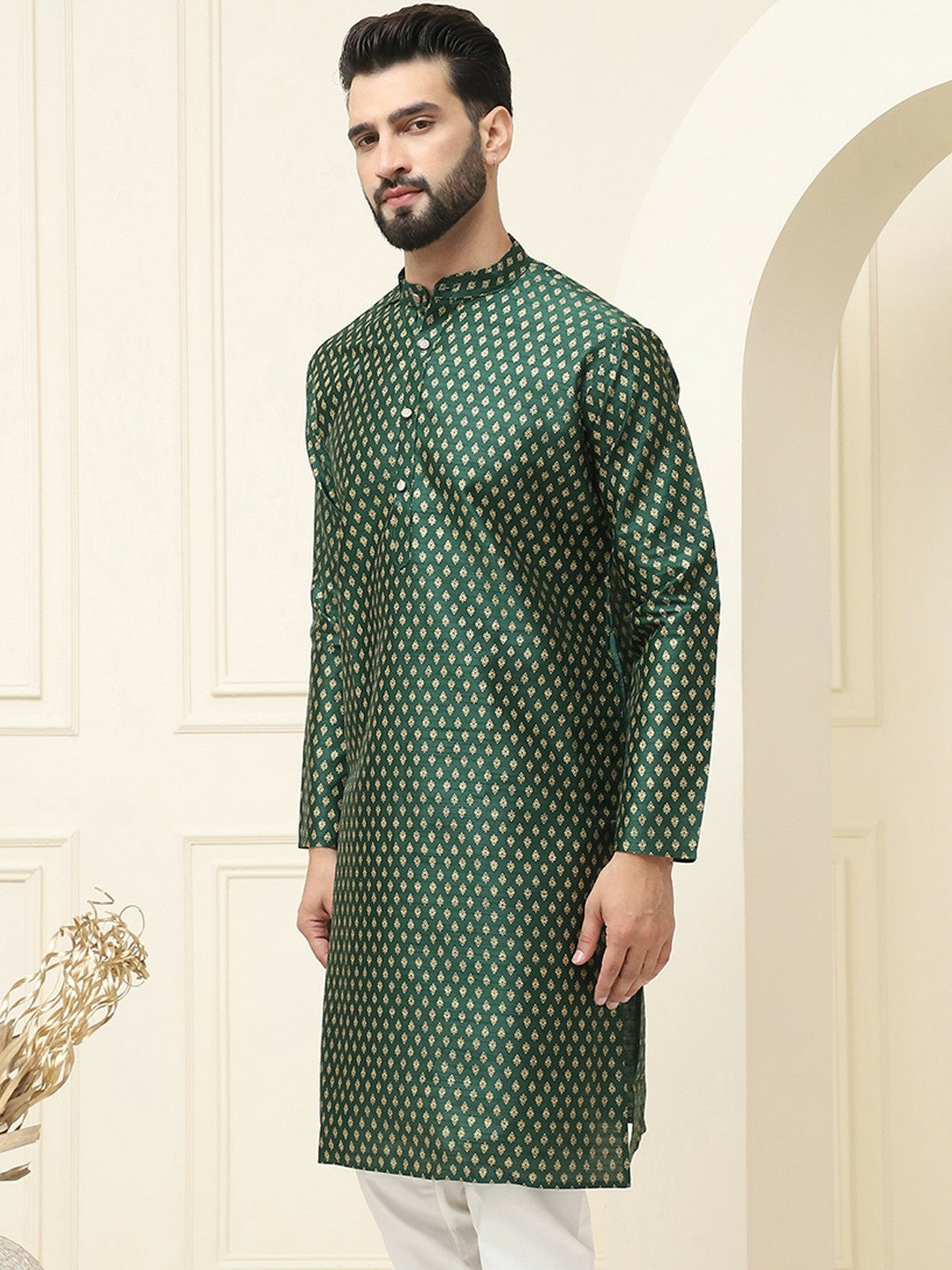 Men's Green Woven Design Kurta – Mandarin Collar, Silk Cotton, Thread Work | Indiaista