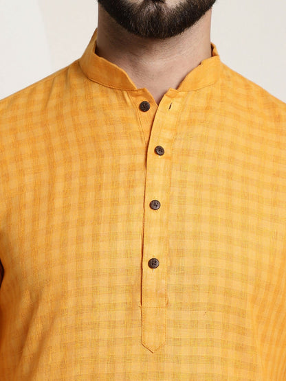 Men's Mustard Yellow Checked Dobby Kurta – Mandarin Collar, Knee-Length, Cotton for Weddings & Festivals | Indiaista