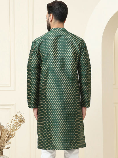 Men's Green Woven Design Kurta – Mandarin Collar, Silk Cotton, Thread Work | Indiaista