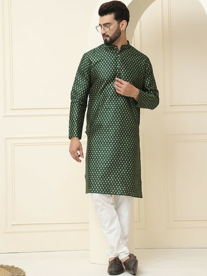 Men's Green Woven Design Kurta – Mandarin Collar, Silk Cotton, Thread Work | Indiaista