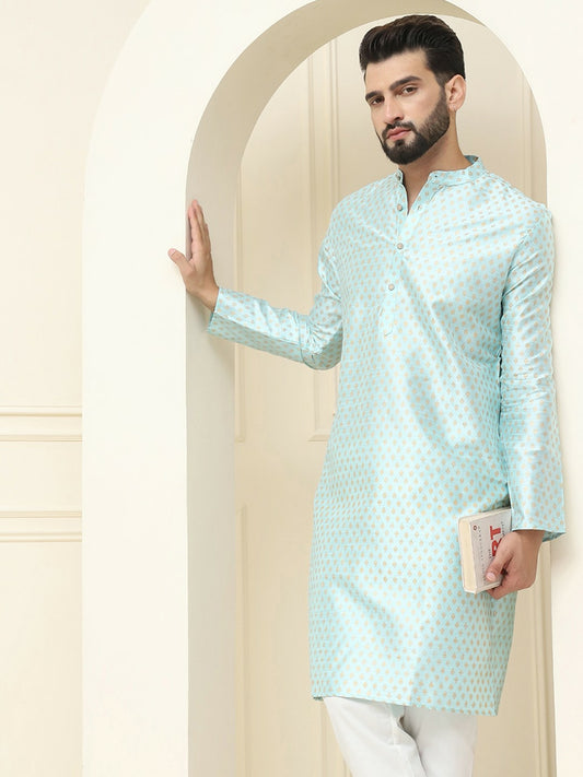 Men’s Blue Geometric Printed Kurta – Ethnic Motifs, Mandarin Collar, Silk Fabric | Indiaista