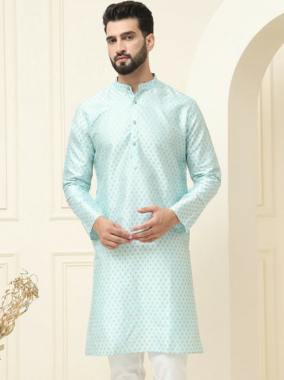 Men’s Blue Geometric Printed Kurta – Ethnic Motifs, Mandarin Collar, Silk Fabric | Indiaista