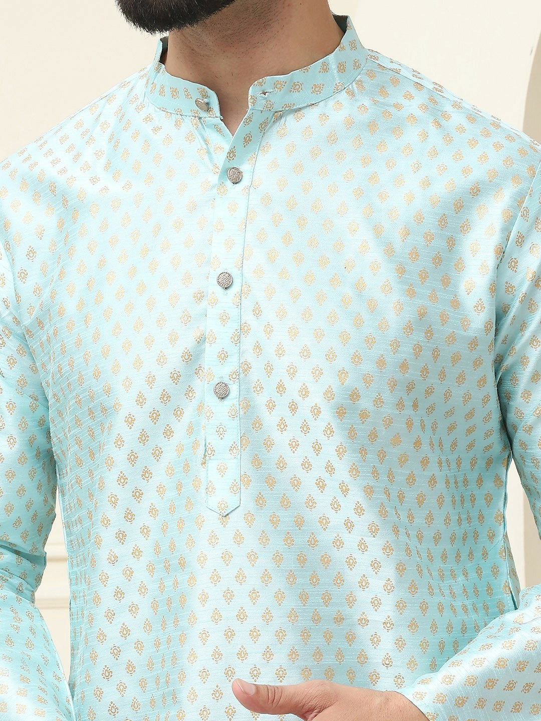 Men’s Blue Geometric Printed Kurta – Ethnic Motifs, Mandarin Collar, Silk Fabric | Indiaista