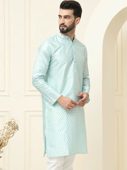 Men’s Blue Geometric Printed Kurta – Ethnic Motifs, Mandarin Collar, Silk Fabric | Indiaista