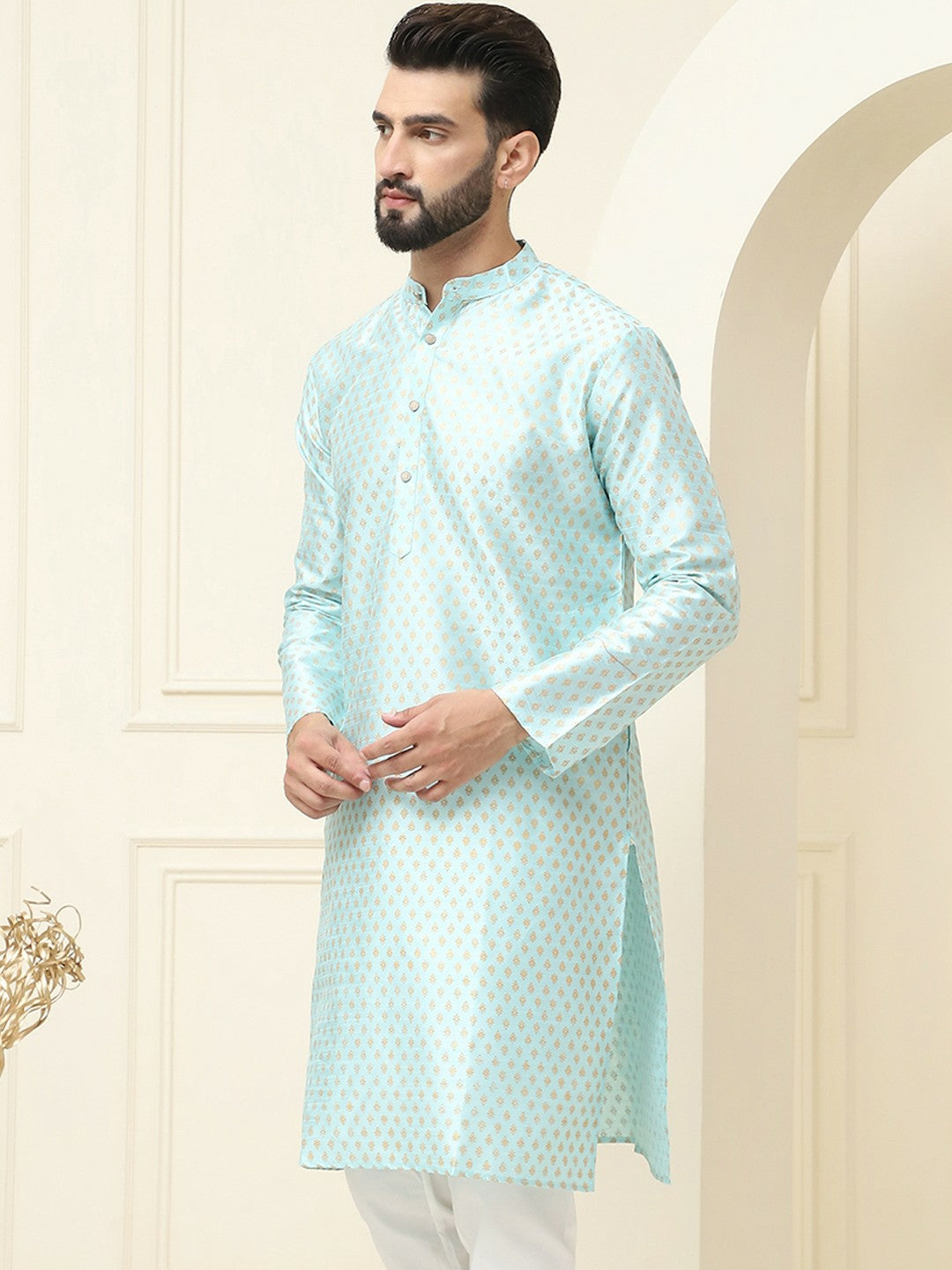 Men’s Blue Geometric Printed Kurta – Ethnic Motifs, Mandarin Collar, Silk Fabric | Indiaista