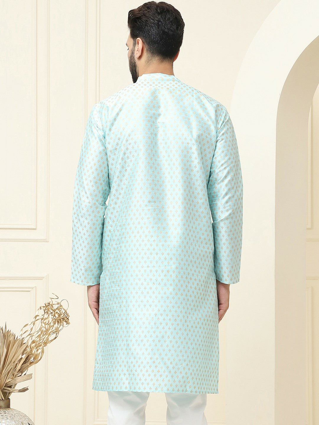 Men’s Blue Geometric Printed Kurta – Ethnic Motifs, Mandarin Collar, Silk Fabric | Indiaista