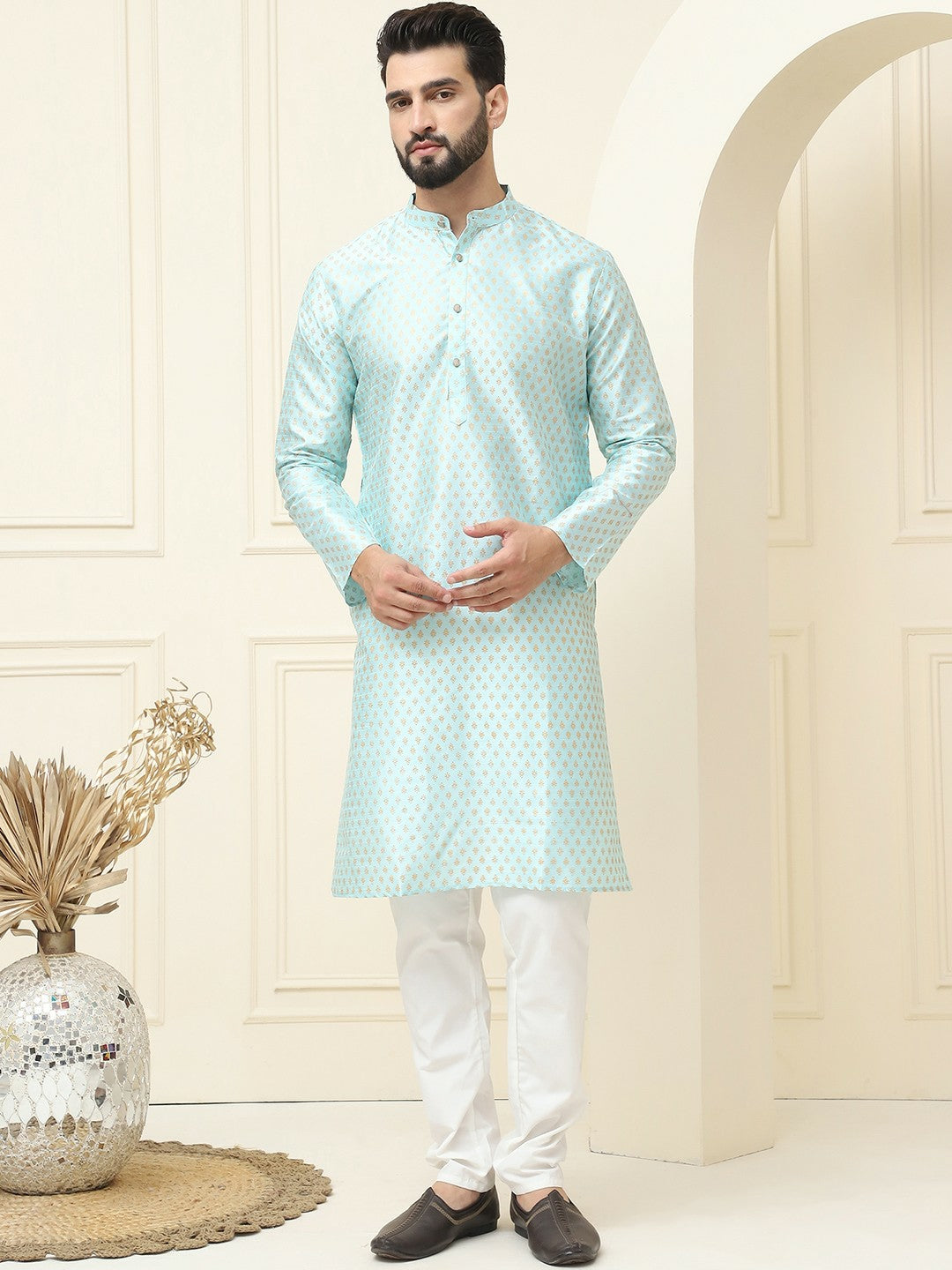 Men’s Blue Geometric Printed Kurta – Ethnic Motifs, Mandarin Collar, Silk Fabric | Indiaista