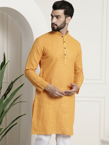 Men's Mustard Yellow Checked Dobby Kurta – Mandarin Collar, Knee-Length, Cotton for Weddings & Festivals | Indiaista