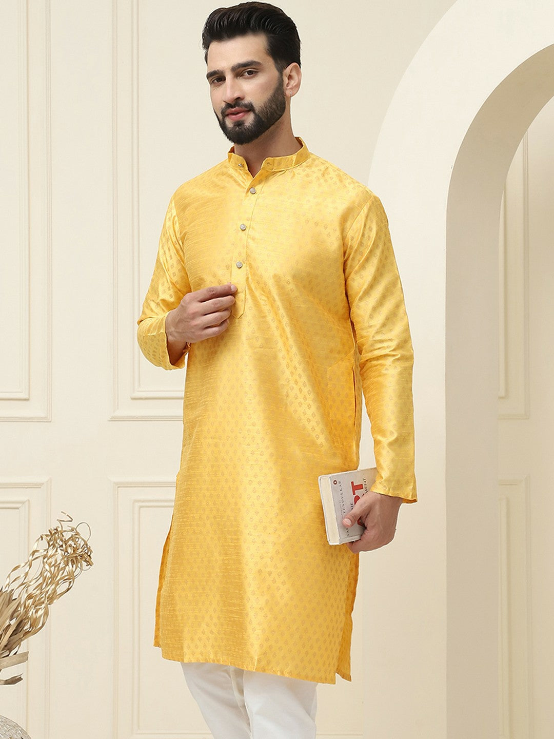 Men's Mustard Yellow Geometric Printed Kurta – Ethnic Motifs, Mandarin Collar, Knee-Length | Indiaista