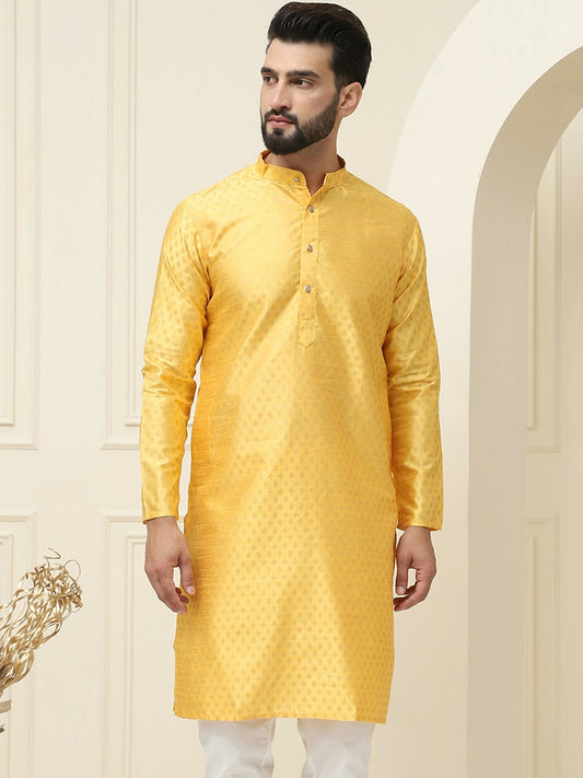 Men's Mustard Yellow Geometric Printed Kurta – Ethnic Motifs, Mandarin Collar, Knee-Length | Indiaista