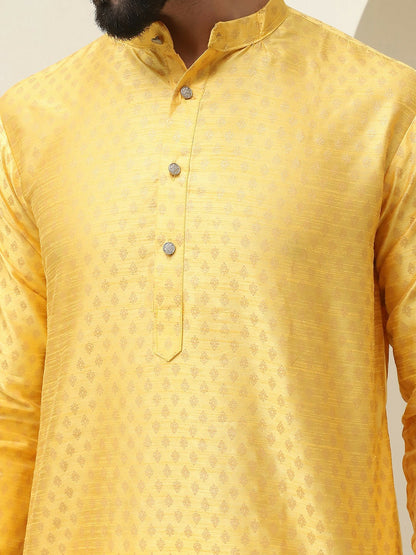 Men's Mustard Yellow Geometric Printed Kurta – Ethnic Motifs, Mandarin Collar, Knee-Length | Indiaista