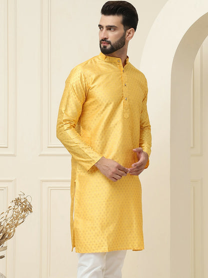 Men's Mustard Yellow Geometric Printed Kurta – Ethnic Motifs, Mandarin Collar, Knee-Length | Indiaista