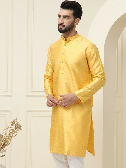 Men's Mustard Yellow Geometric Printed Kurta – Ethnic Motifs, Mandarin Collar, Knee-Length | Indiaista