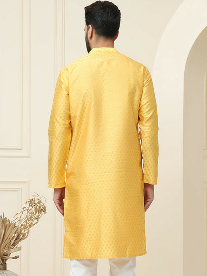 Men's Mustard Yellow Geometric Printed Kurta – Ethnic Motifs, Mandarin Collar, Knee-Length | Indiaista