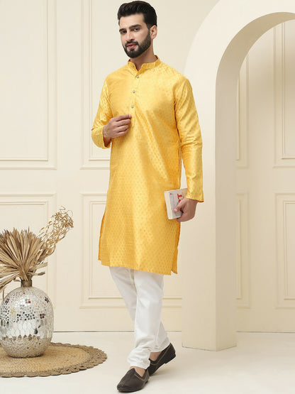 Men's Mustard Yellow Geometric Printed Kurta – Ethnic Motifs, Mandarin Collar, Knee-Length | Indiaista