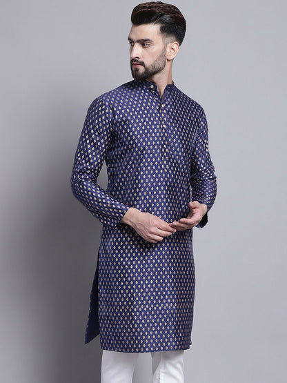 Navy Blue Geometric Printed Kurta for Men – Ethnic Motifs, Mandarin Collar, Silk Fabric | Indiaista