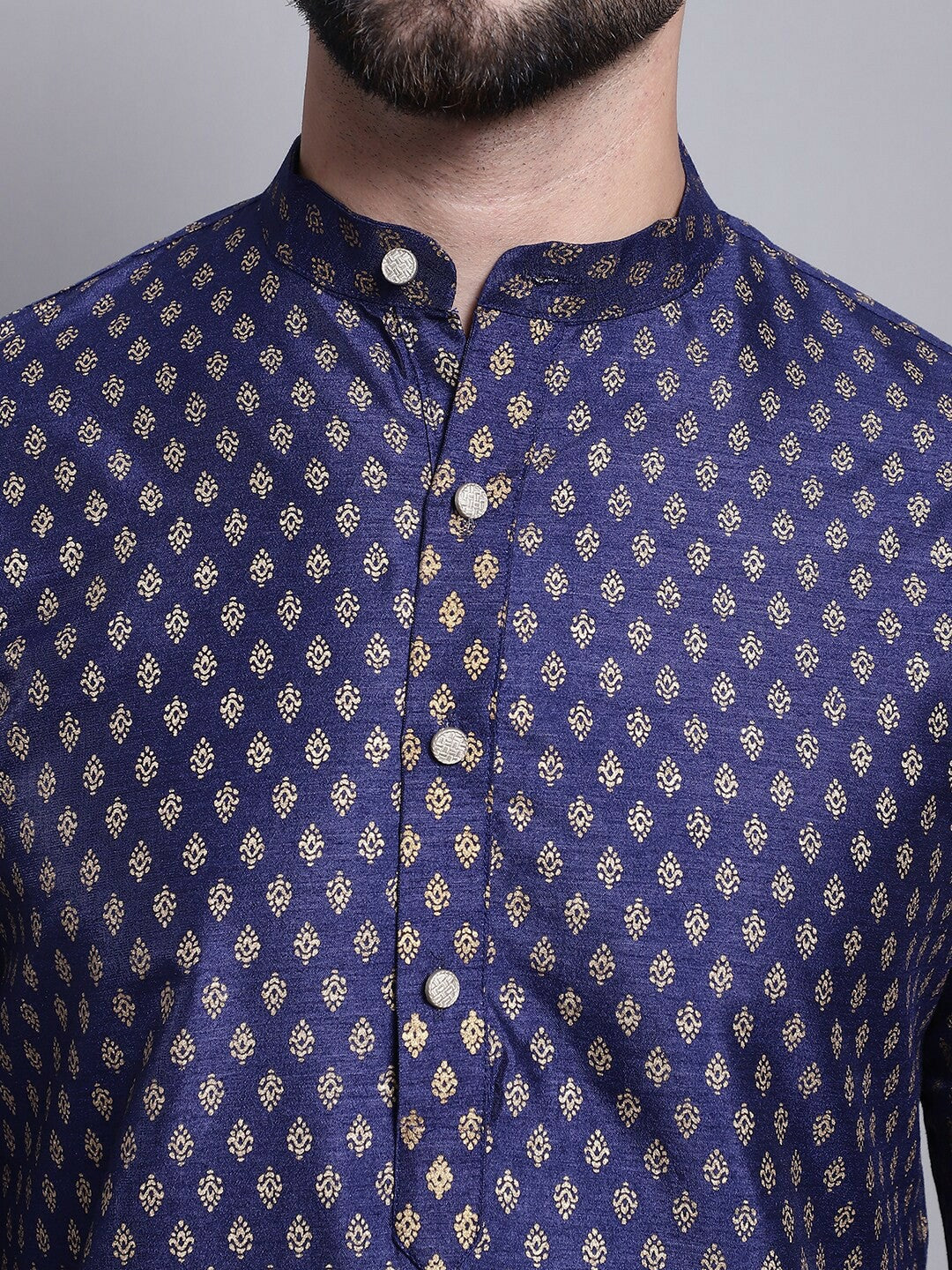 Navy Blue Geometric Printed Kurta for Men – Ethnic Motifs, Mandarin Collar, Silk Fabric | Indiaista