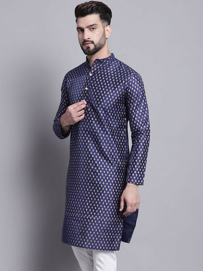 Navy Blue Geometric Printed Kurta for Men – Ethnic Motifs, Mandarin Collar, Silk Fabric | Indiaista